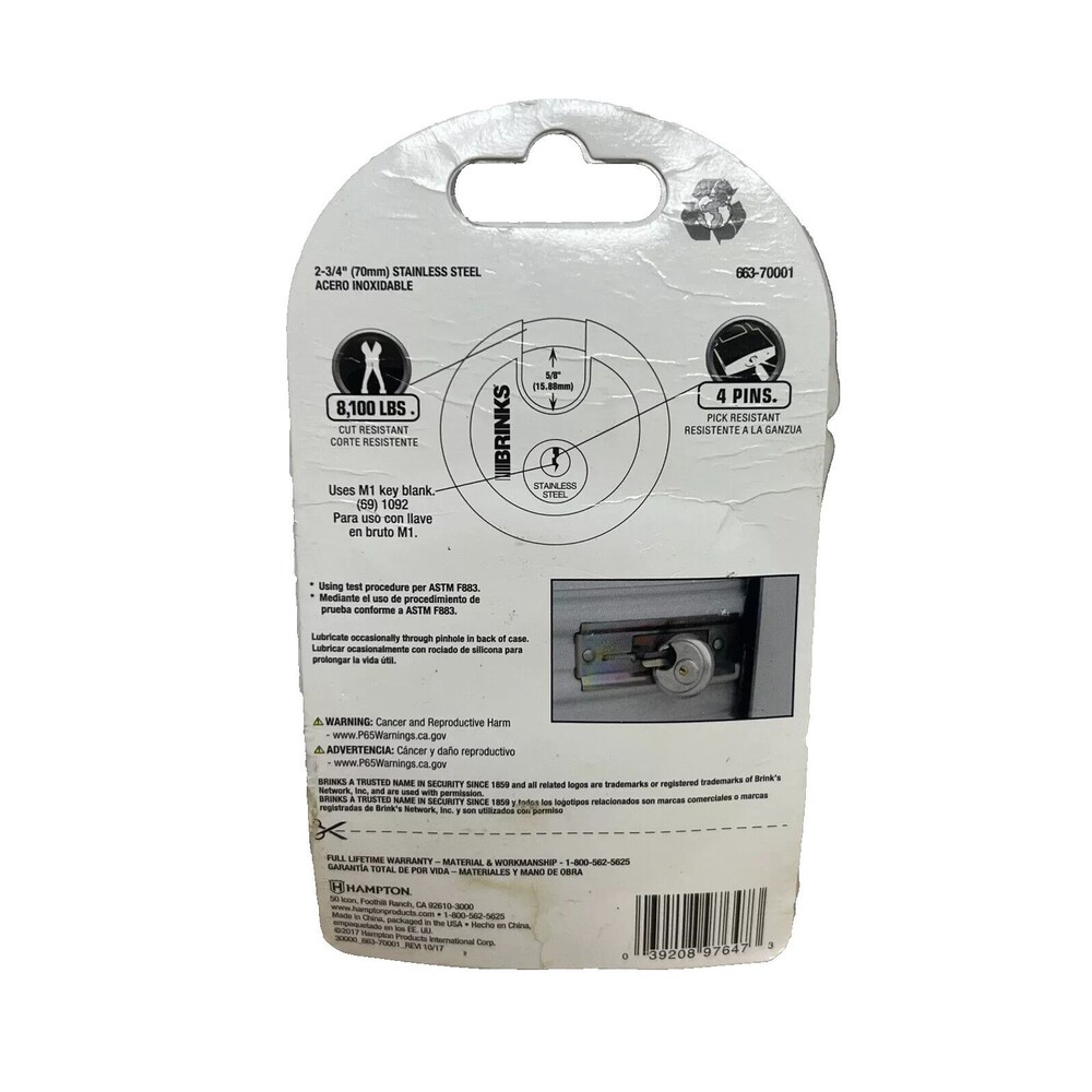 Brinks 663-70001 70mm Stainless Steel 2 3/4 discuss lock puck lock MAX security - Picture 3 of 3